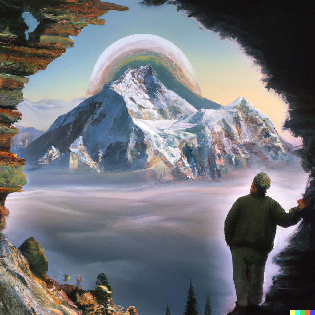 someone gazing at Mount Everest, by Jacek Yerka